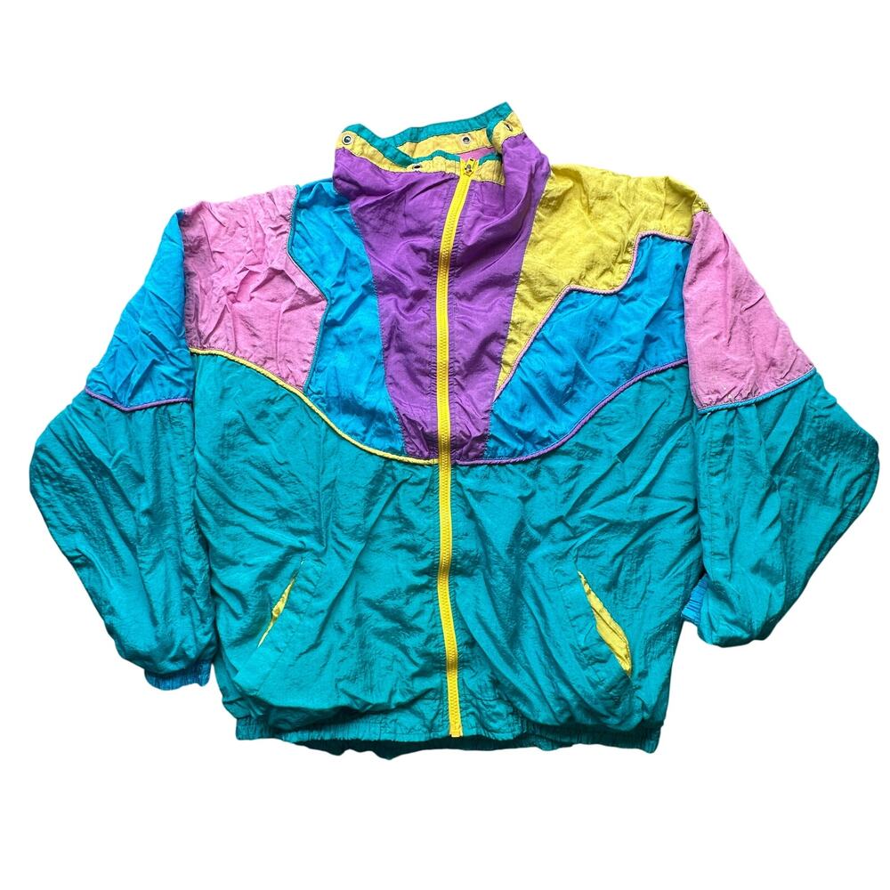 Vintage 80s Janeve Colorblock Retro Windbreaker Jacket Womens XL Blue Purple